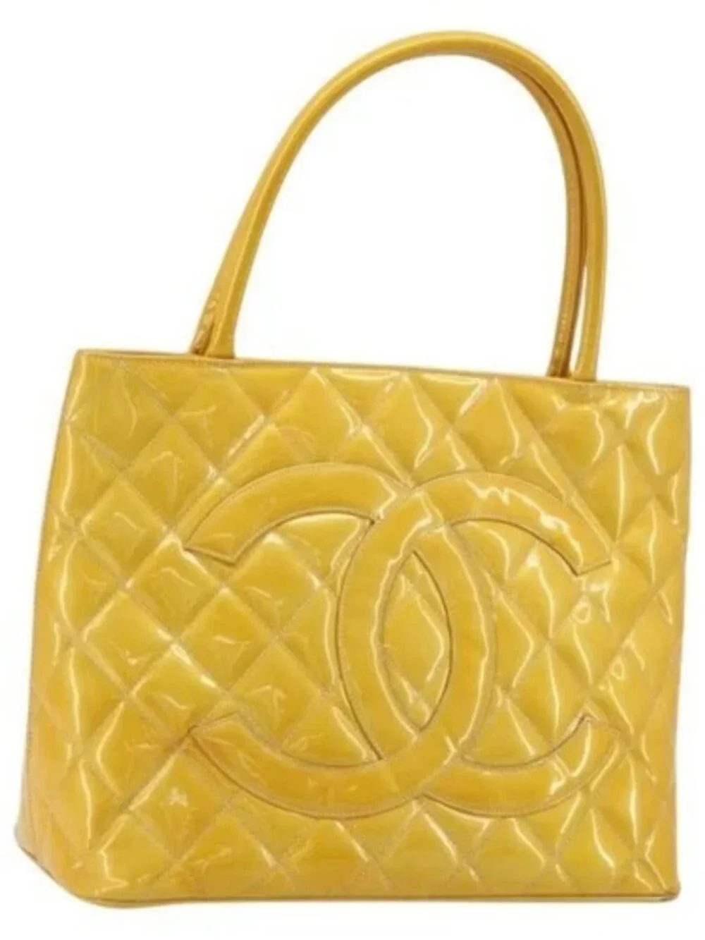 CHANEL Standard Tote Bag Patent leather Yellow CC Auth 177242